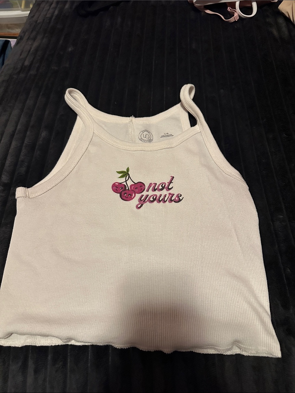 Womenβs White Cherry 'Not Yours' Ribbed Tank Top